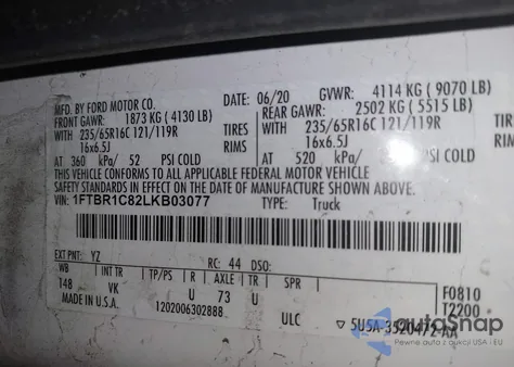 2020 Ford Transit-250 z USA, uszkodzony, nr VIN 1FTBR1C82LKB03077